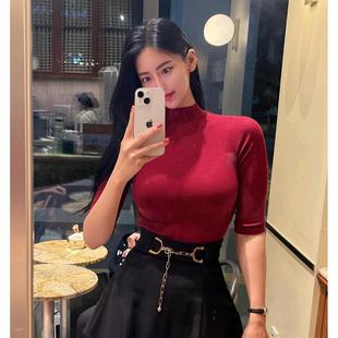 现货 体恤 Onoev秋半高领中袖 螺纹女人味弹力打底衫