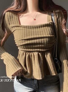 现货 Onoev 时尚百搭~方领纯色收腰荷叶边长袖T恤18551