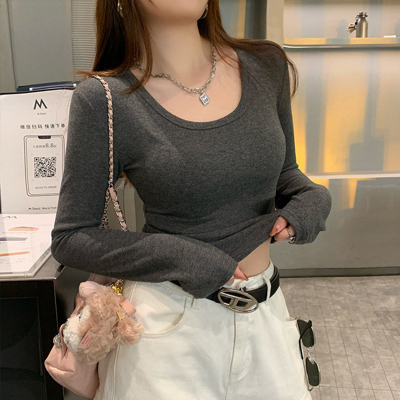 长袖t恤女2025新款小个子加绒打底衫低领灰色内搭高级感秋冬上衣