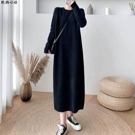 秋冬新款大码女装微胖妹妹赫本风长款过膝宽松针织内搭毛衣连衣裙