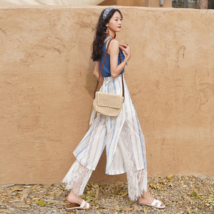 度假沙滩裤 波西米亚阔腿裤 休闲时尚 蕾丝雪纺显瘦宽松薄款 子 女夏季