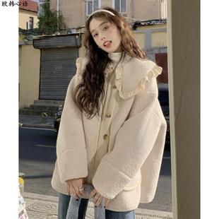 法式娃娃领加厚加绒羊羔毛外套女秋冬休闲宽松减龄中长款保暖上衣