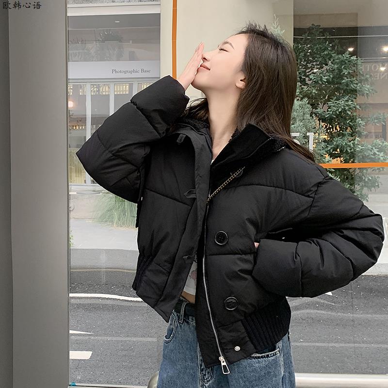 羽绒棉衣棉服女2023冬季新款设计感羊羔毛翻领短款面包服保暖外套