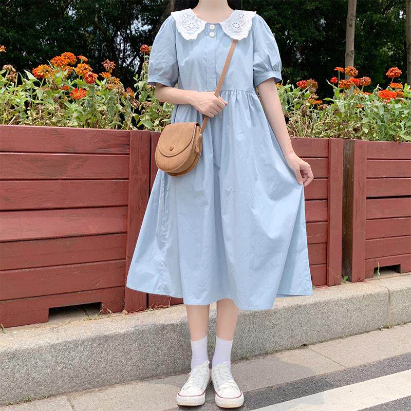 初中生裙子女夏装高中学生仙女超仙森系春秋少女娃娃领白色连衣裙