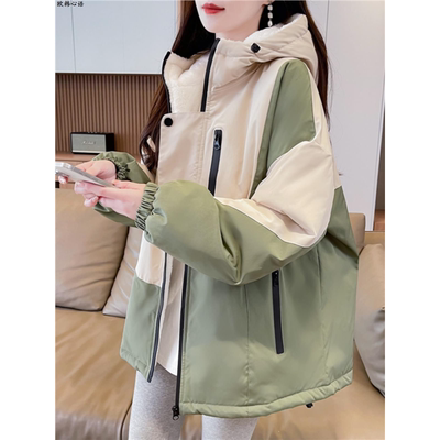 春季工装冲锋衣棉服女春秋冬季加绒加厚风衣2025新款初中学生外套