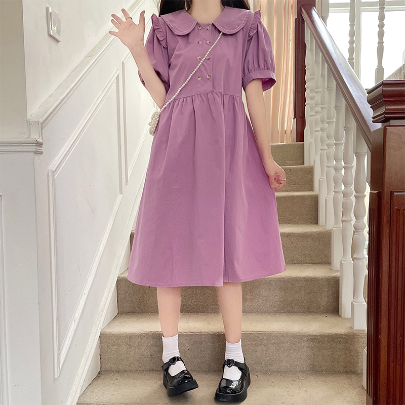 森女日系部落夏季娃娃领短袖连衣裙女夏可爱学生甜美淑女减龄裙子