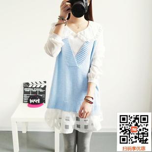 假兩件毛衣馬甲女裝 新款 2019韓版 大碼 套裝 春季 娃娃領(lǐng)甜美針織短款