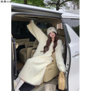 白色水貂绒针织连衣裙女冬季内搭打底小个子毛衣裙慵懒风加厚长裙