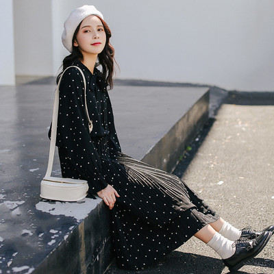 通勤百褶裙圆点2024秋冬新款黑色