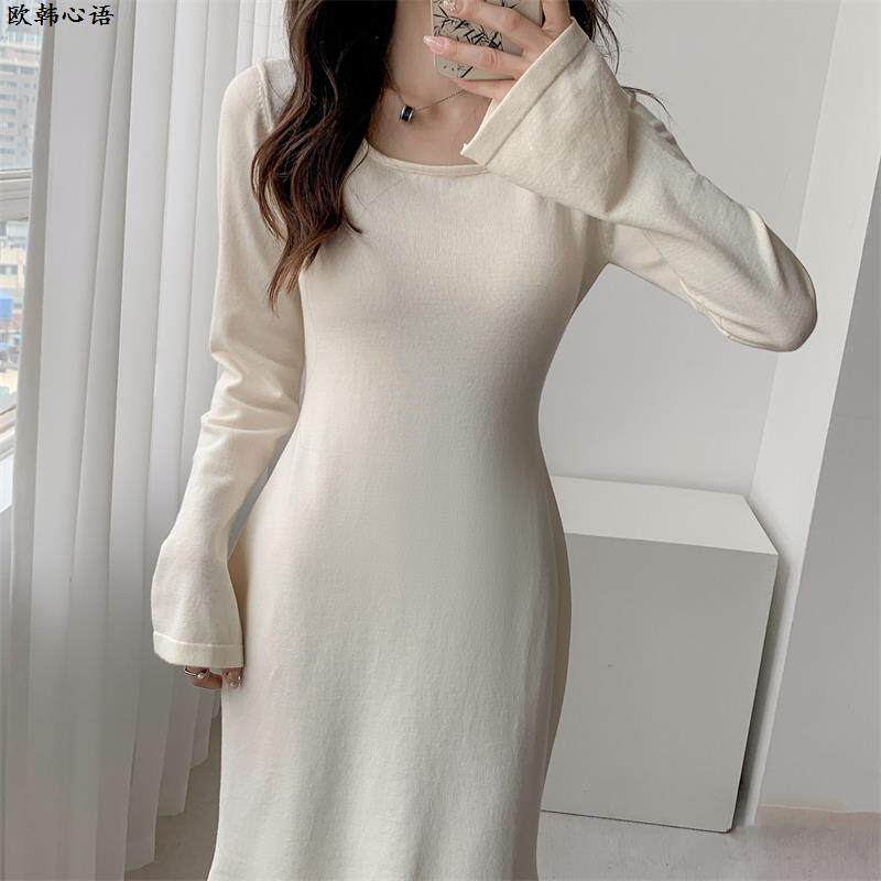 毛衣裙女秋冬中长款收腰显瘦鱼尾包臀长袖内搭针织连衣裙女高级感