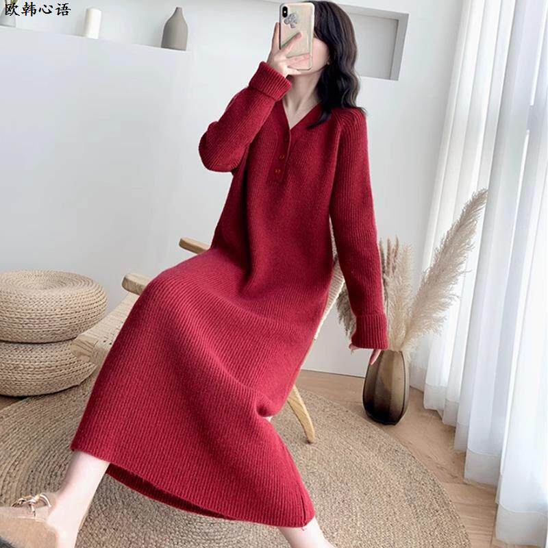 大码女装V领针织慵懒风打底长裙胖妹妹秋冬款加厚保暖过膝连衣裙