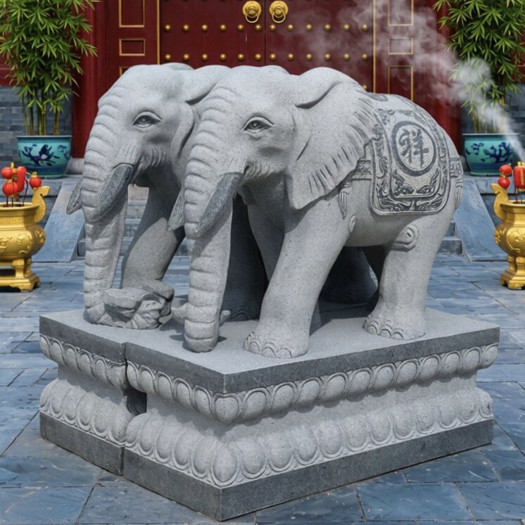 石雕大象一对天然花岗岩石材石象青石象别墅家用门口镇宅招财摆件