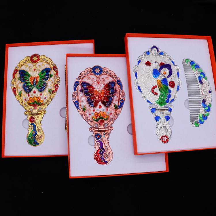 梳镜套装文化创意化妆镜高颜值家用复古梳妆镜桌面可折叠公主镜子