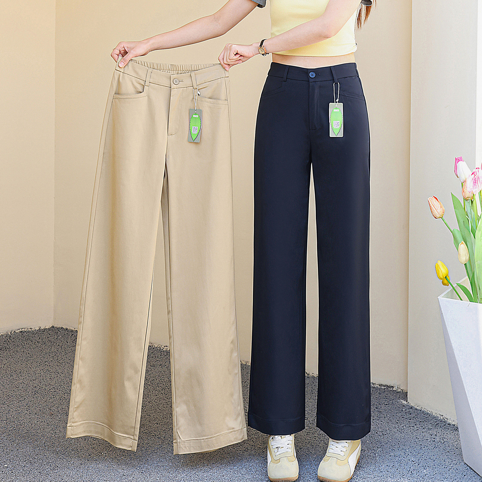 2026春夏季高腰直筒裤女藏青色阔腿裤宽松休闲裤长裤后松紧腰女裤,女装/女士精品,休闲裤,淘宝优惠券,粉丝福利购,淘宝优惠卷