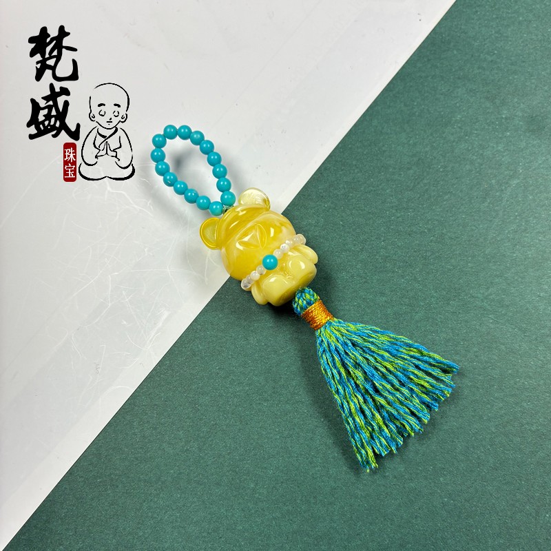 菱镁矿二代蜜蜡小熊跑环吊坠DIY库克猴头盘完手串精致流苏小提溜