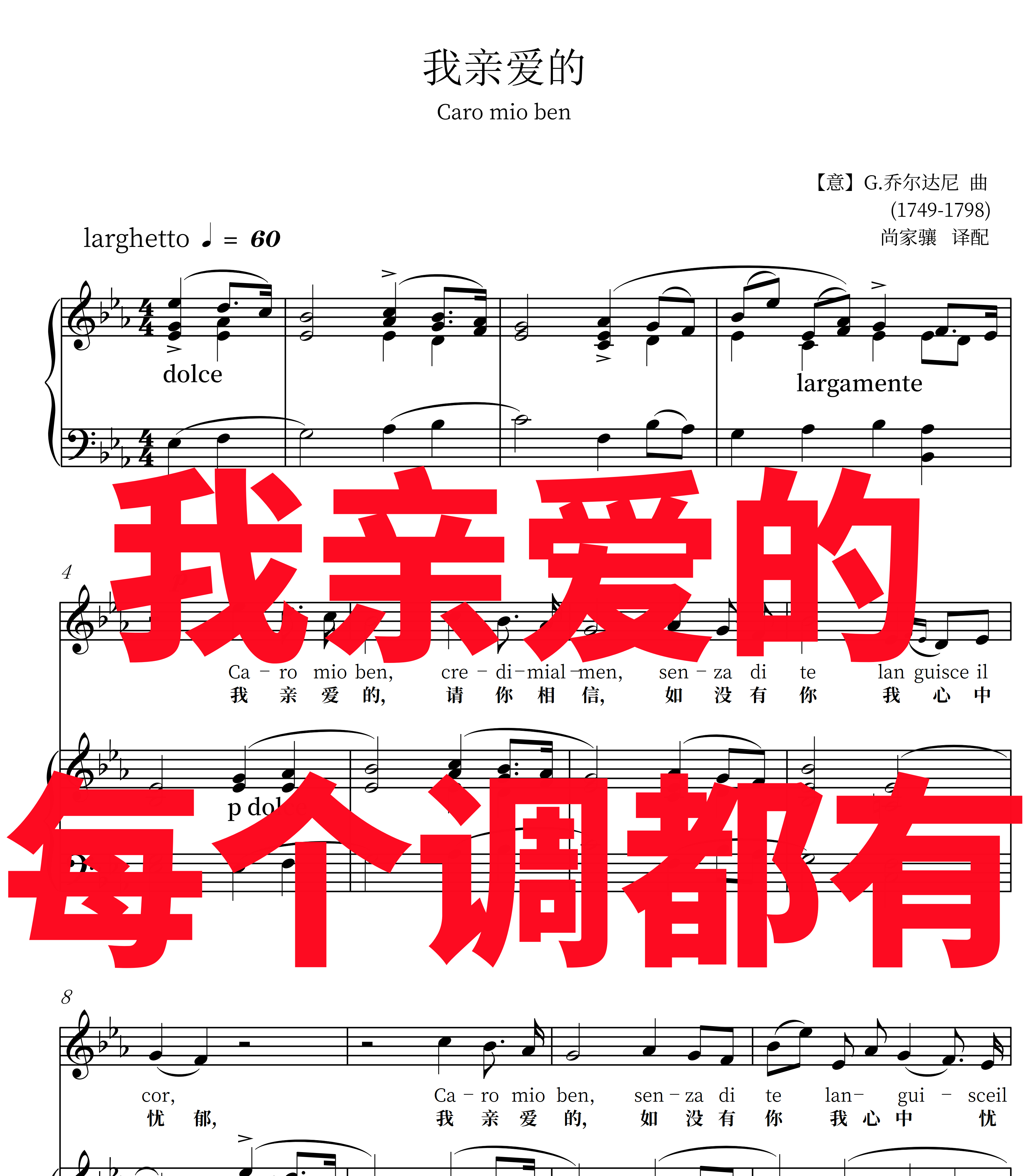 我亲爱的 Caro mio ben 正谱升降调CDEFGAB五线谱钢琴谱