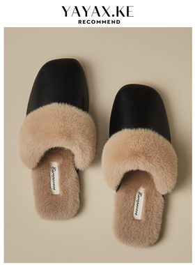 黑色女款皮棉拖鞋冬季加绒保暖防滑室内居家用防水pu拖鞋女士冬天