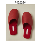 家居家用情侣室内静音防水PU防滑保暖棉拖鞋 红色女士皮拖鞋 秋冬季