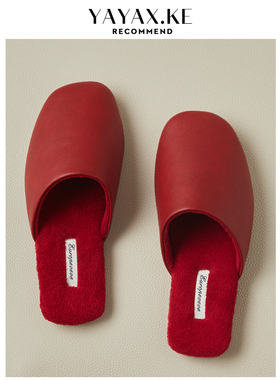 红色女士皮拖鞋秋冬季家居家用情侣室内静音防水PU防滑保暖棉拖鞋