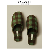 室内保暖透气防滑牛筋底家居家用棉鞋 毛绒格子棉拖鞋 女士秋冬季 男