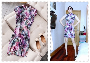 【特价】专柜正品 沪上风情舒适丝棉弹力修身妩媚旗袍款连衣裙