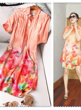 【特价】外贸原单 欧美潮牌 橙色高端真丝缎渐变连体印花连衣裙