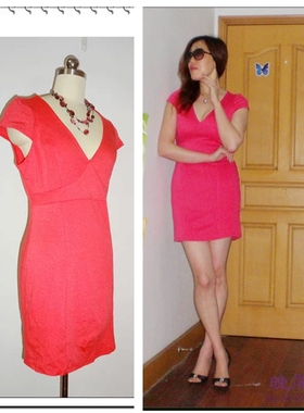 【特价】外贸原单 大牌BEB* 娇俏妩媚红色性感V领修身连衣裙