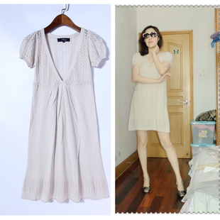 【特价】外贸原单 柔软细腻米色钩花镂空棉麻薄款夏季针织连衣裙