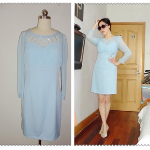 【特价】专柜正品 粉蓝色精美镶钻淑女气质连衣裙专柜1499元微瑕