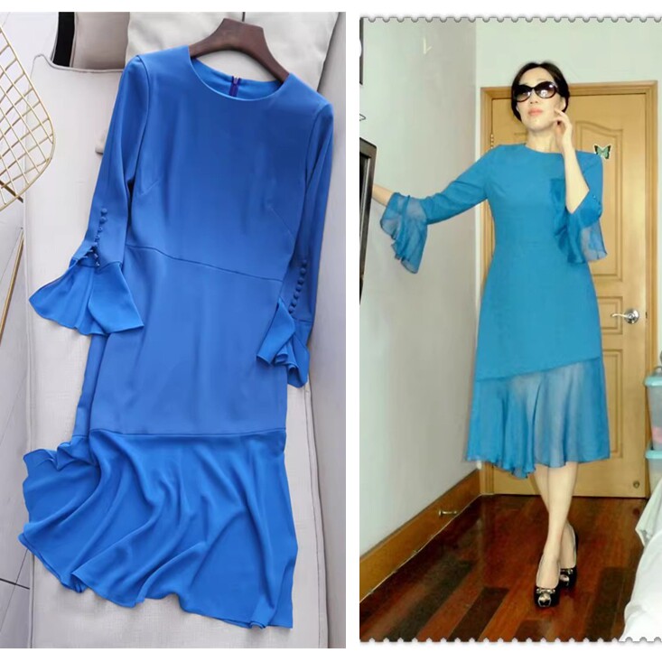 【特价】专柜正品 优雅纯净蓝色雪纺拼接鱼尾摆喇叭袖高端礼服裙