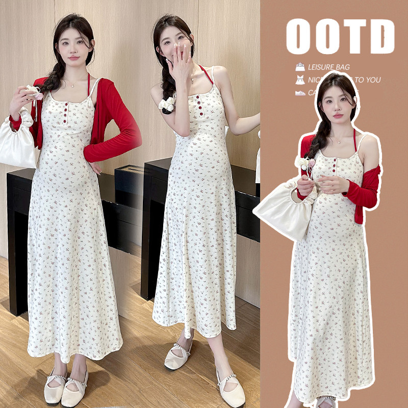 MATERNITY CLOTHES SUMMER NEW FASHION VERSATILE HIGH-ELASTIC STRAPPY FLORAL SUNDRESS + RED SUNSCREEN CARDIGAN TWO-PIECE SET