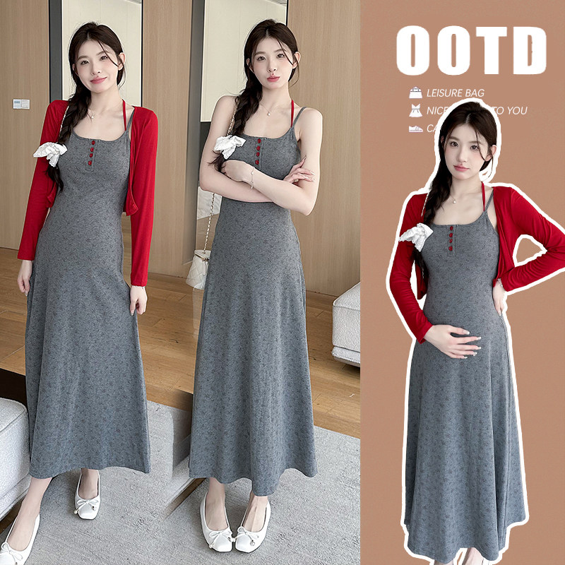 MATERNITY CLOTHES SUMMER NEW FASHION VERSATILE HIGH-ELASTIC STRAPPY FLORAL SUNDRESS + RED SUNSCREEN CARDIGAN TWO-PIECE SET