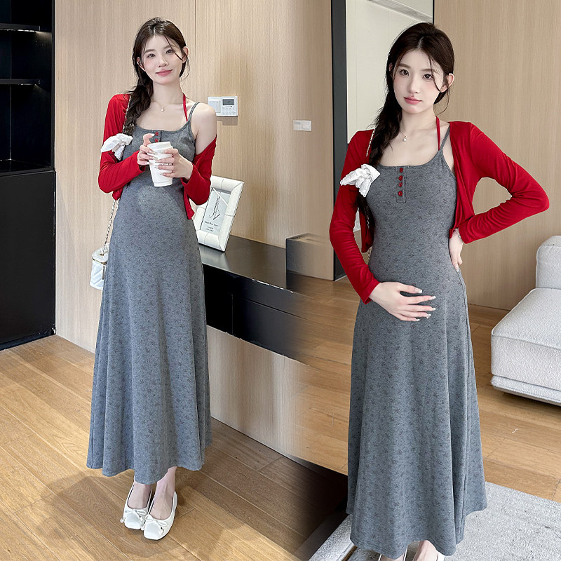 MATERNITY CLOTHES SUMMER NEW FASHION VERSATILE HIGH-ELASTIC STRAPPY FLORAL SUNDRESS + RED SUNSCREEN CARDIGAN TWO-PIECE SET