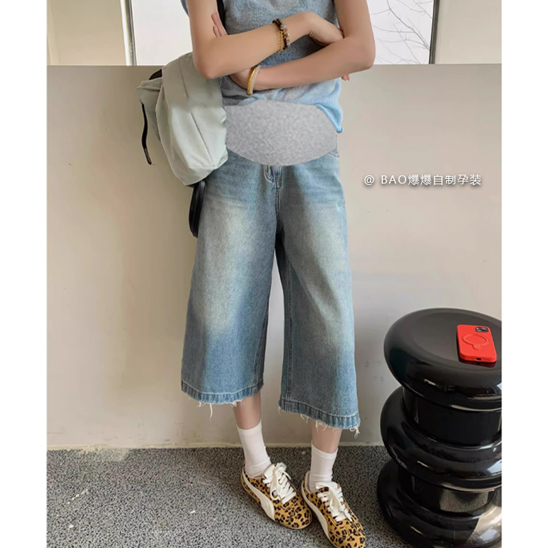 孕妇裤子牛仔裤女夏季新款七分裤高腰宽松八分阔腿裤直筒百搭中裤