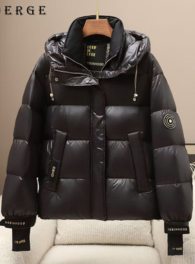 GUOERGE黑色连帽羽绒服时尚洋气女短款90鹅绒保暖外套量感暖核