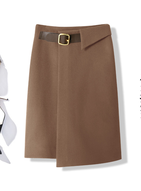 2025秋季新款气质腰带高腰开叉中长款直筒包臀裙通勤毛呢半身裙女