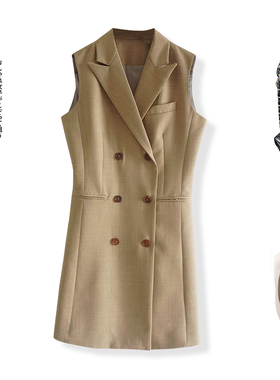 2025春秋季新款高腰显瘦双排扣西装领无袖中长背心连衣裙纯色马夹