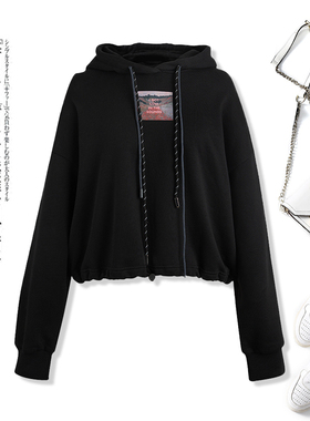 2025春秋新款棉质印花黑色连帽短款卫衣女宽松百搭长袖卫衣外套女