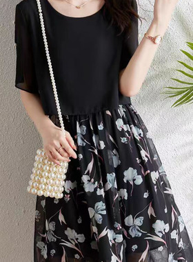 过而歌2025新款高端时尚假两件连衣裙女气质优雅拼接雪纺碎花裙子