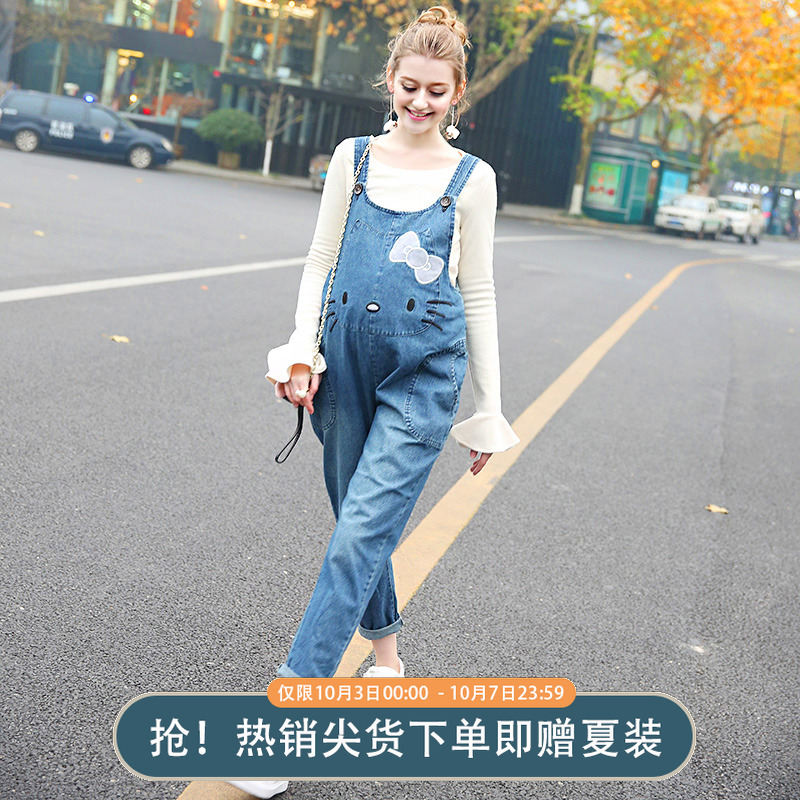 孕妇装牛仔背带裤潮妈秋冬季新款时尚宽松大码外穿秋装连体裤套装手慢无