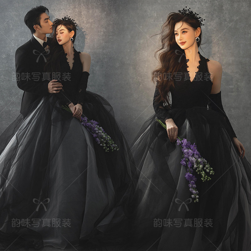 影楼新款法式复古小众赫本高级黑色礼服极简风小众室内摄影婚纱照