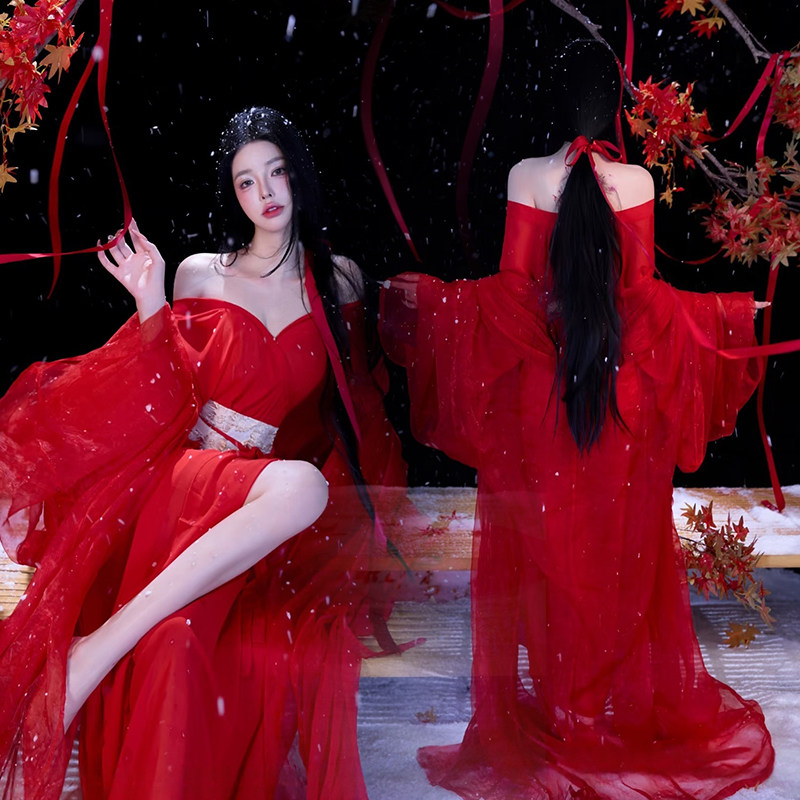 影楼魏晋拍照汉服红色古风风流仙裙长款纯欲风艺术照写真古装摄影