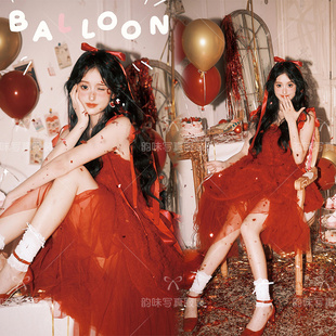 影楼新款 千金名媛艺术照少女生日画报写 红色纱裙少女生日画报时尚