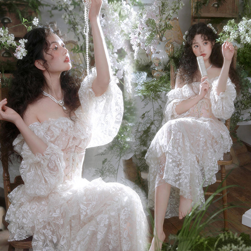 新款影楼主题写真服装法式蕾丝复古油画少女连衣裙艺术照个人摄影