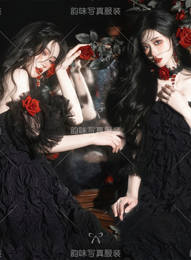 影楼拍照服装韩系黑色画报可爱甜美少女写真氛围抹胸礼服摄影主题