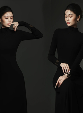 影楼新款黑色肖像御姐主题服装高级修身个性艺术照写真露背礼服