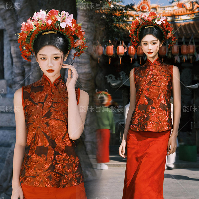 影楼新款泉州浔埔女簪花复古东方美学红色旗袍旅拍国风中式写真