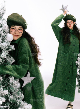 影楼新款圣诞主题新年拍照写真绿色系氛围感个人肖像艺术照摄影服