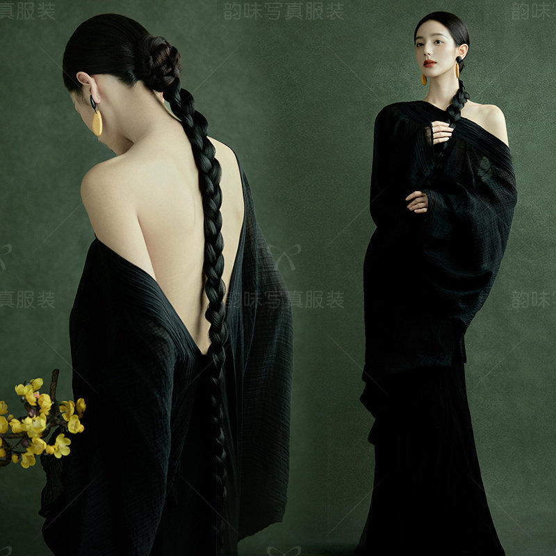 影楼中式新款东方美学拍照复古服装高级国风黑色写真艺术照连衣裙