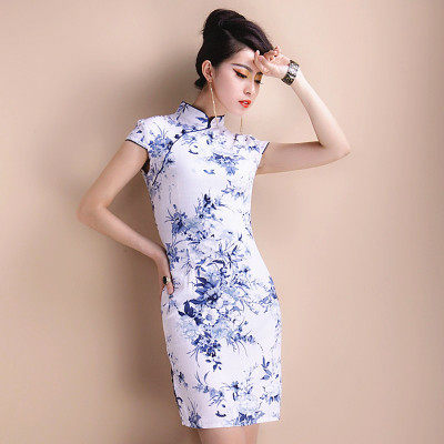 2020年旗袍连衣裙夏女新款改良旗袍中式复古弹力棉麻修身装短袖